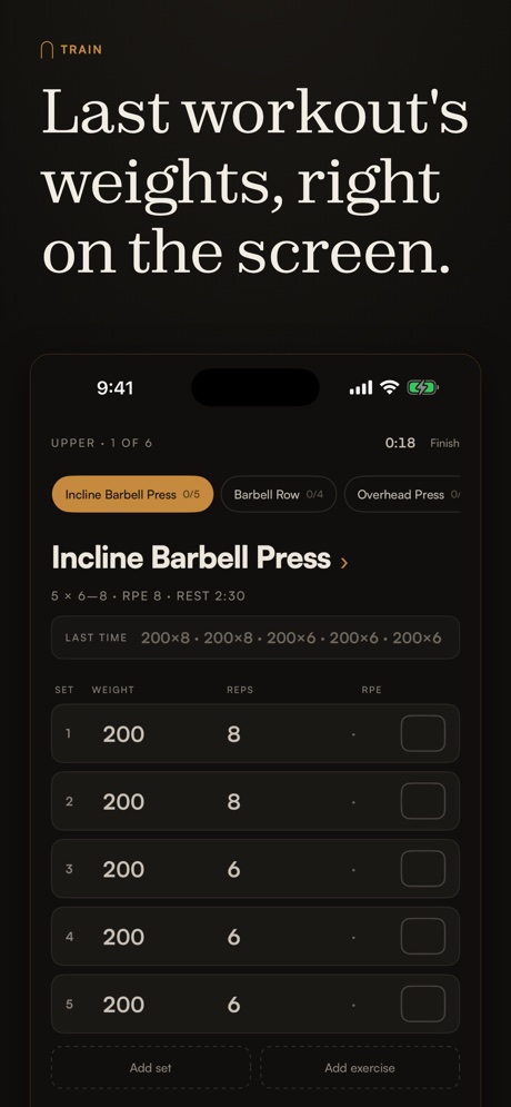 Last workout's weights, right on the screen.