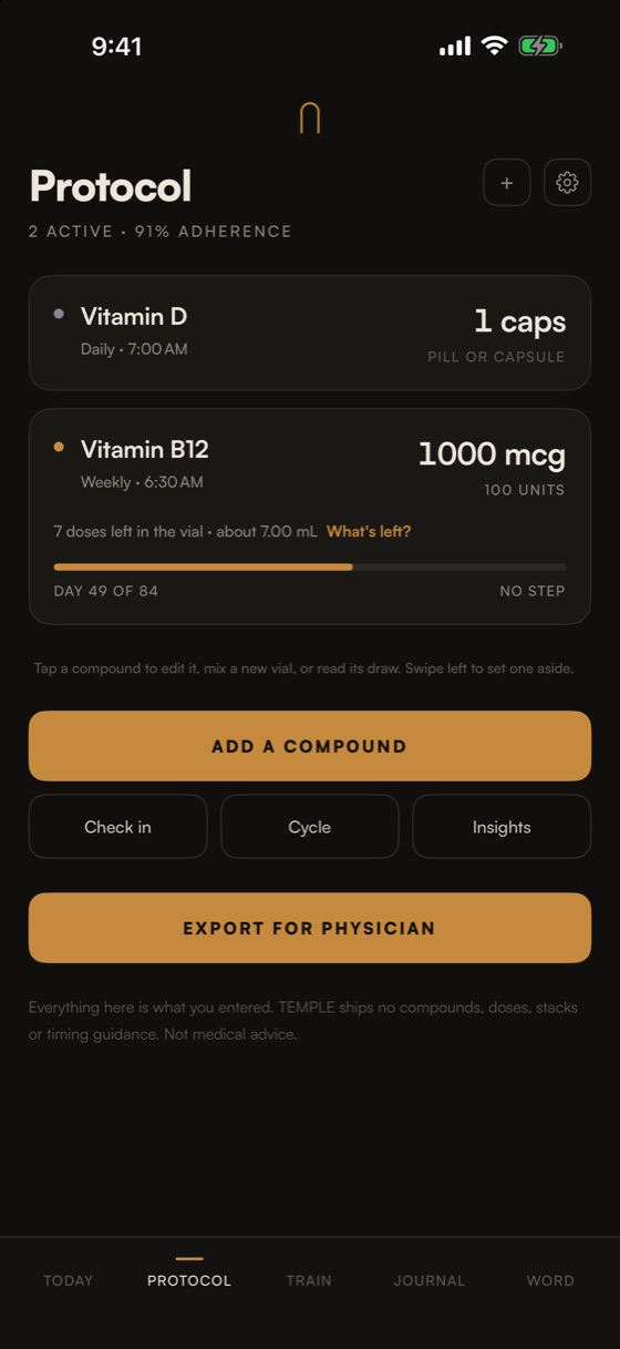 The protocol screen with two compounds, their doses and the schedule.