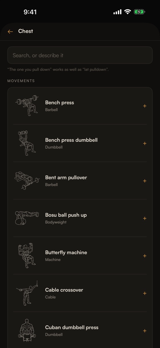 The exercise library, every movement drawn at its start and finish.